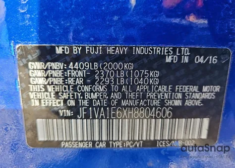 2017 Subaru Wrx Premium z USA, uszkodzony, nr VIN JF1VA1E6XH8804606